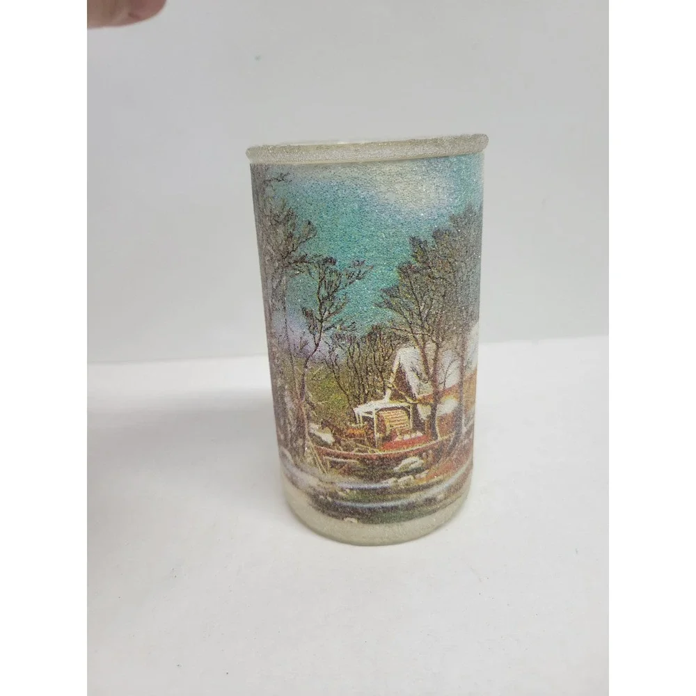 Vintage‎ Danzas Frosted Glass Winter Scene Sugary Glitter Candle Holder Vase